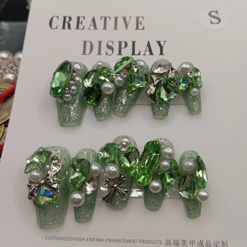 Qfdian 10Pcs High Quality Handmade Press on Nails Sweet And Cool Girl Style Rhinestone Full Setting Celebrity Nail Art: Dark Green